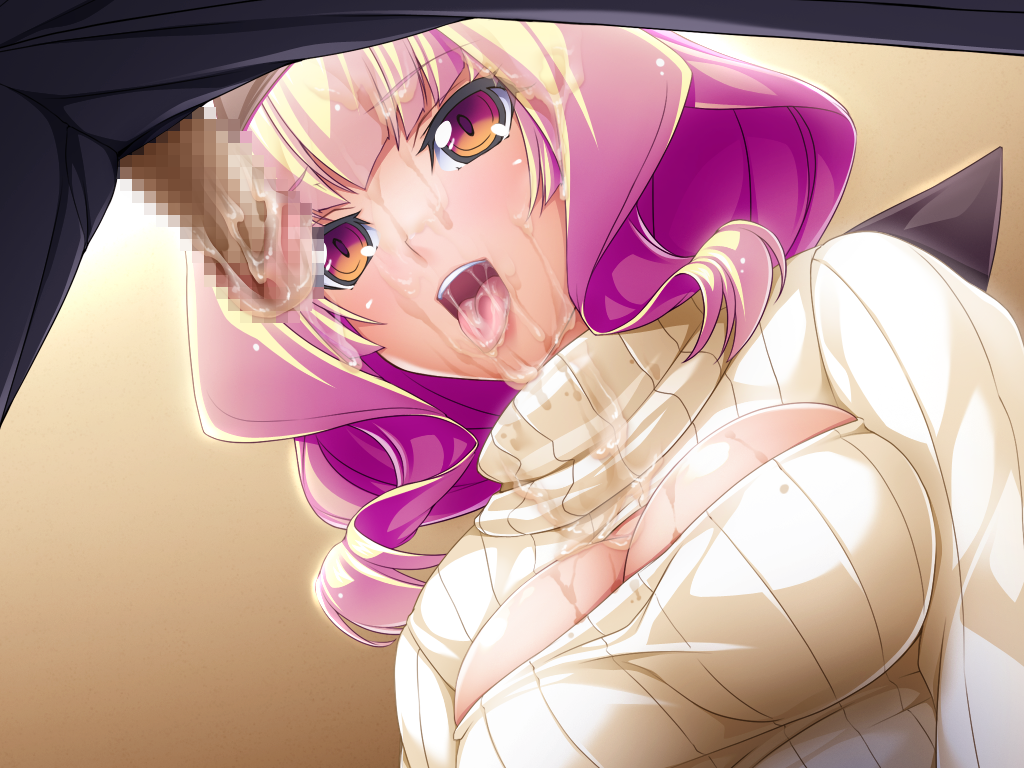 inoino, kouyoku senki exs-tia, game cg, large variant set, non-web source, official art, variant set, 1boy, 1girl, after ejaculation, azarin (exs-tia), blush, breasts, censored, cleavage, cleavage cutout, clothing cutout, cum, cum in mouth, cum on body, cum on breasts, cum on clothes, cum on tongue, cum on upper body, cum string, facial, from below, hairband, hetero, large breasts, long hair, mosaic censoring, multicolored hair, open-chest sweater, open mouth, orange eyes, penis, pink hair, purple hair, ribbed sweater, solo focus, sweater, tongue, tongue out, turtleneck