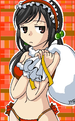 original, lowres, 1girl, bare shoulders, beads, bikini, black hair, brown eyes, carrying over shoulder, christmas, expressionless, female focus, frills, fur trim, hair beads, hair ornament, hairband, low twintails, navel, over shoulder, plaid background, red background, red bikini, sack, santa bikini, santa costume, side-tie bikini bottom, solo, stomach, swimsuit, twintails