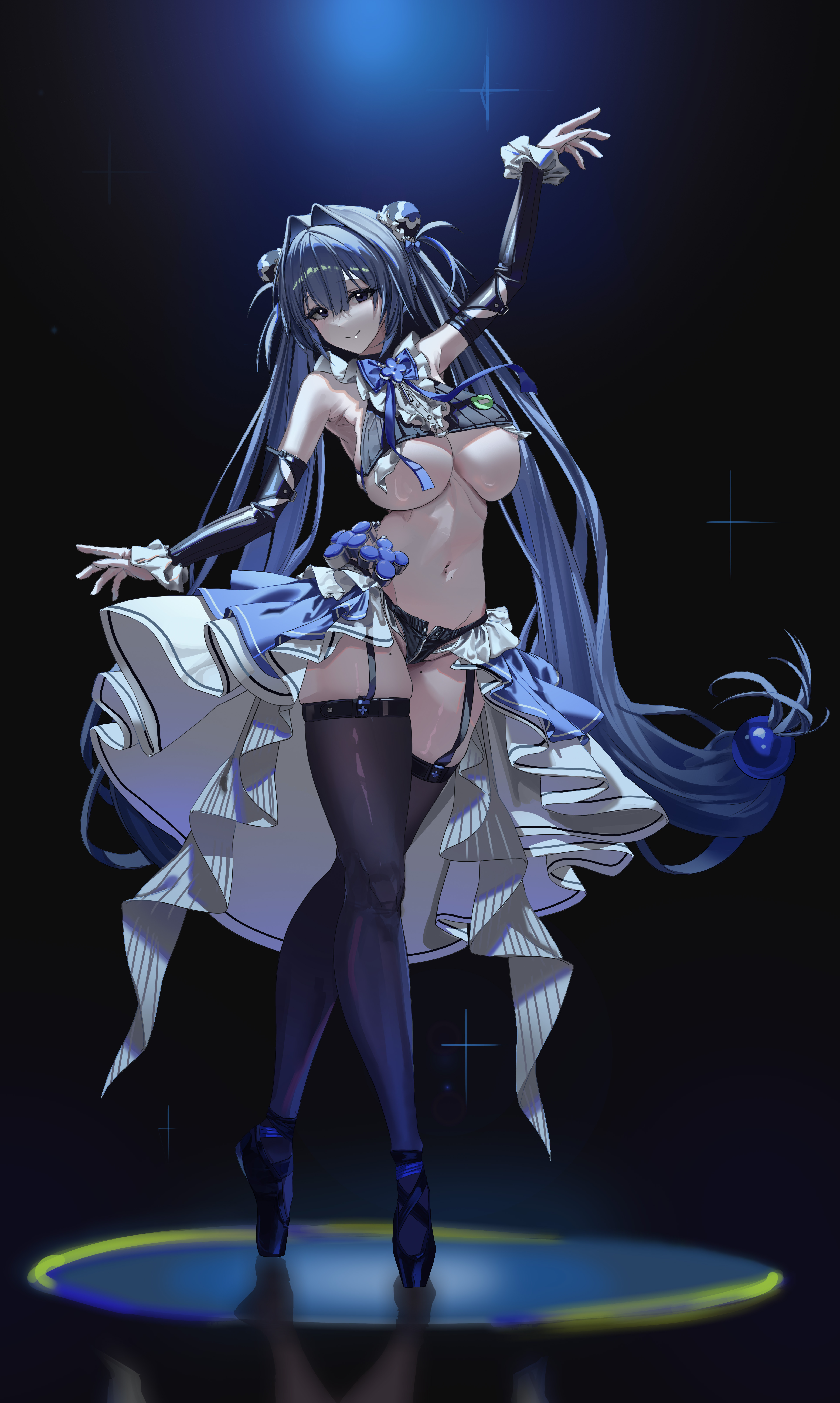 disgustingtokki, hansel (nikke), goddess of victory: nikke, shiny eyes, absurdres, highres, 1girl, arm up, ballet, black eyes, black panties, black thighhighs, blue eyes, blue hair, breasts, cleavage, crop top, detached sleeves, en pointe, flower-shaped hair, folded hair, garter straps, impossible clothes, large breasts, leotard, long hair, looking at viewer, multicolored leotard, navel, panties, smile, solo, thighhighs, twintails, two-tone leotard, underboob, underwear, very long hair