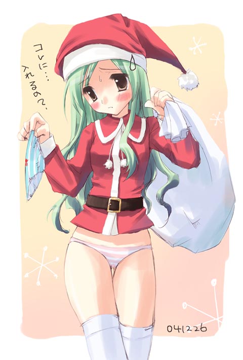 mutsuse suzumi, original, source request, translation request, 1girl, belt, blouse, blue panties, blush, bow, bow panties, brown eyes, christmas, female focus, green hair, hat, holding, holding panties, holding underwear, holding unworn clothes, no pants, panties, pink panties, sack, santa costume, santa hat, shirt, solo, standing, striped clothes, striped panties, thigh gap, thighhighs, thighs, underwear, white thighhighs