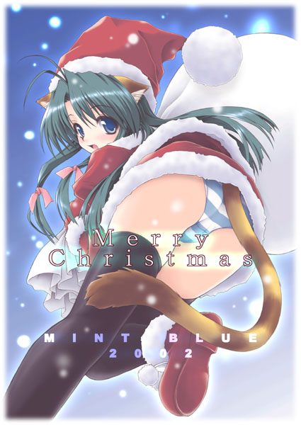 moyuru, original, 1girl, animal ears, ass, bent over, black thighhighs, blue eyes, blue panties, cat ears, cat tail, christmas, dress, female focus, green hair, hat, leg lift, long hair, looking back, panties, pantyshot, santa costume, santa hat, shoes, short dress, solo, standing, striped clothes, striped panties, tail, thighhighs, underwear, upskirt