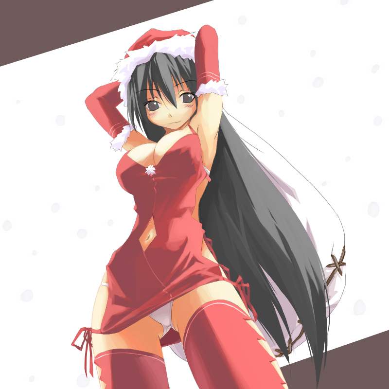 sun-3, original, eyebrows, 1girl, armpits, arms behind head, arms up, black eyes, black hair, blush, breasts, christmas, cleavage, clothing cutout, dress, elbow gloves, female focus, from below, gloves, hair between eyes, hat, long hair, navel, navel cutout, panties, pantyshot, red dress, red gloves, red skirt, santa costume, santa hat, skirt, snowflakes, snowing, solo, standing, thighhighs, thighs, underwear, upskirt, very long hair, white panties