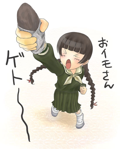 shimazu yoshino, maria-sama ga miteru, > <, 00s, 1girl, boots, braid, brown hair, closed eyes, female focus, food, from above, full body, green shirt, green skirt, holding, holding food, long hair, long skirt, neckerchief, parted lips, pleated skirt, sailor collar, school uniform, serafuku, shirt, skirt, solo, twin braids, very long hair, white boots
