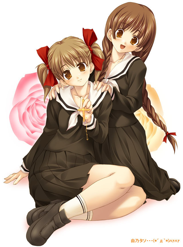 kisairo kaede, fukuzawa yumi, shimazu yoshino, maria-sama ga miteru, hands on shoulders, 00s, 2girls, arm support, braid, brown eyes, brown hair, cross, flower, head tilt, holding, legs, multiple girls, rose, school uniform, serafuku, shoes, short hair, simple background, sitting, socks, twin braids, twintails