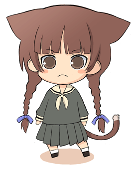 chaccu, shimazu yoshino, maria-sama ga miteru, lowres, 00s, 1girl, animal ears, arms at sides, blush stickers, braid, brown eyes, brown hair, cat ears, cat tail, chibi, chibi only, female focus, school uniform, serafuku, solo, tail, twin braids