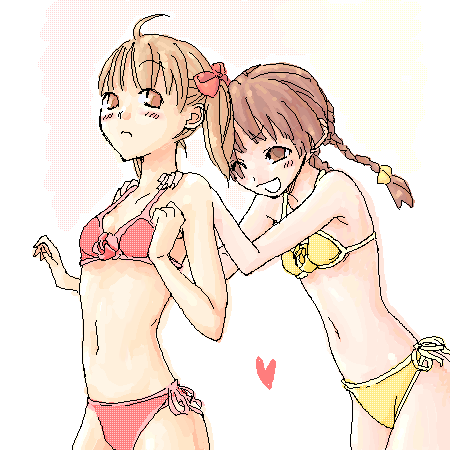 fukuzawa yumi, shimazu yoshino, maria-sama ga miteru, lowres, 00s, bikini, braid, brown hair, oekaki, swimsuit, twin braids