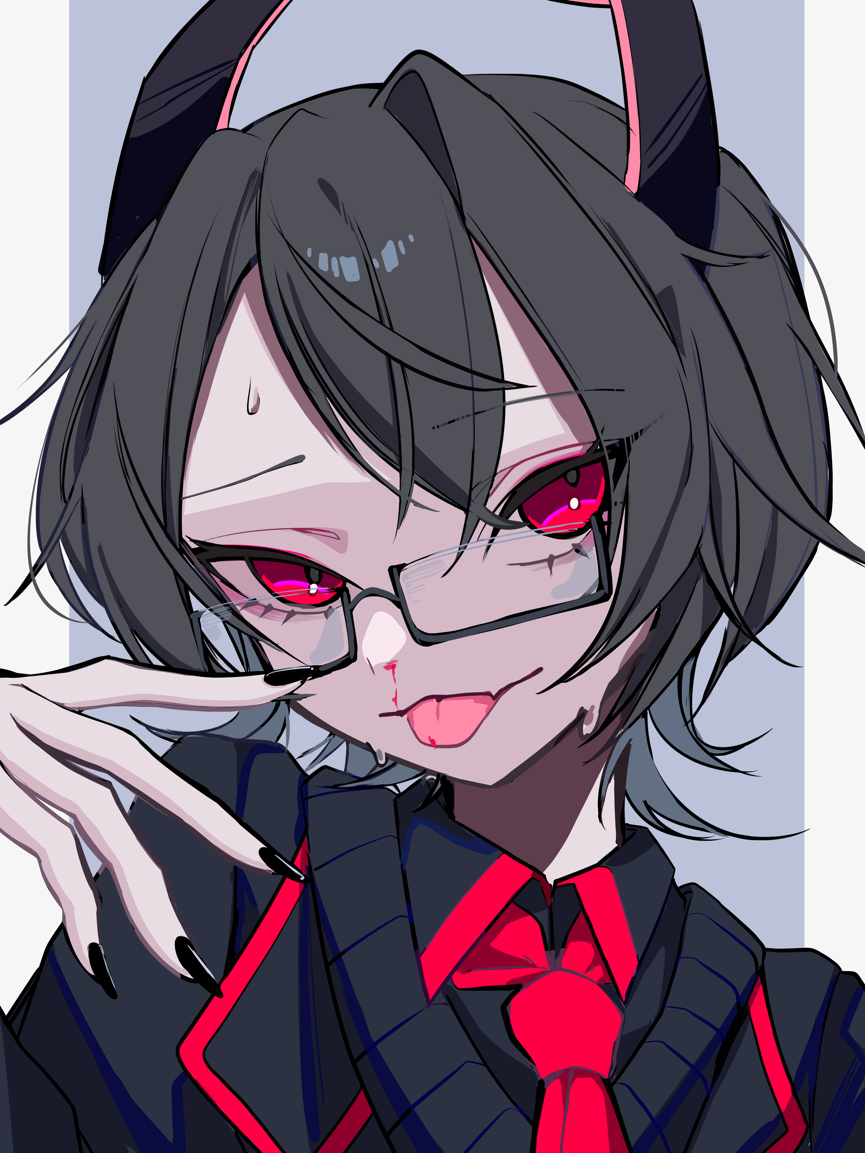 absurdres, character request, copyright request, highres, 1girl, black horns, black nails, black shirt, black sweater, blood, collared shirt, glasses, grey hair, horns, necktie, nosebleed, portrait, raique, rectangular eyewear, red eyes, red necktie, shirt, short hair, solo, sweater, tongue, tongue out