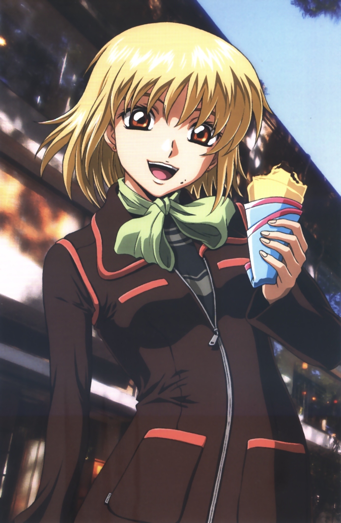 cagalli yula athha, gundam, gundam seed, gundam seed destiny, official art, 00s, blonde hair, casual, crepe, earrings, food, jewelry, smile, solo