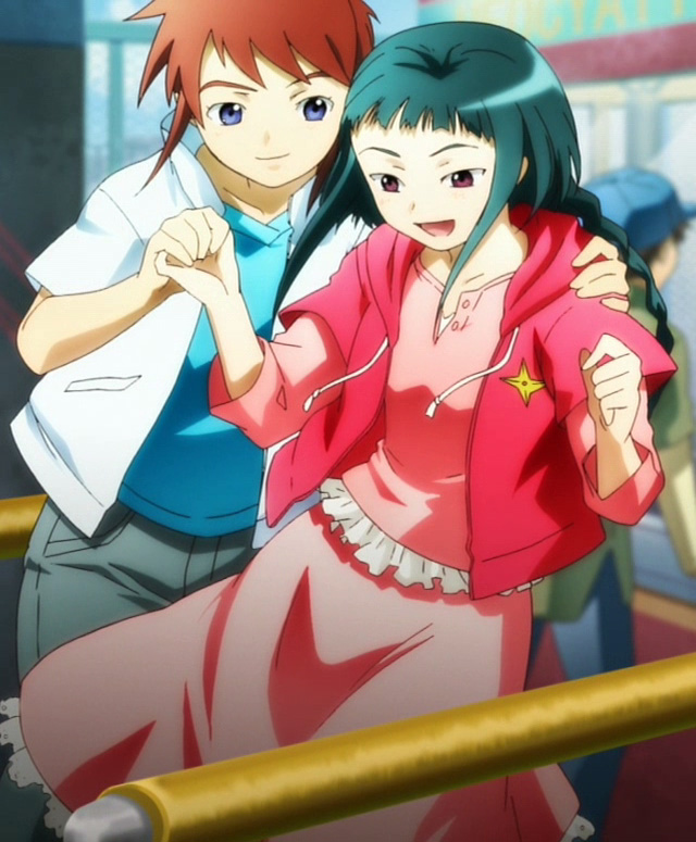 okuzaki akira, tokiha takumi, my-hime, anime screenshot, spoilers, 00s, 1boy, 1girl, arm around shoulder, blue eyes, braid, brown hair, couple, dress, green hair, happy, hetero, holding hands, hood, hooded jacket, jacket, pink dress, red eyes, sidelocks
