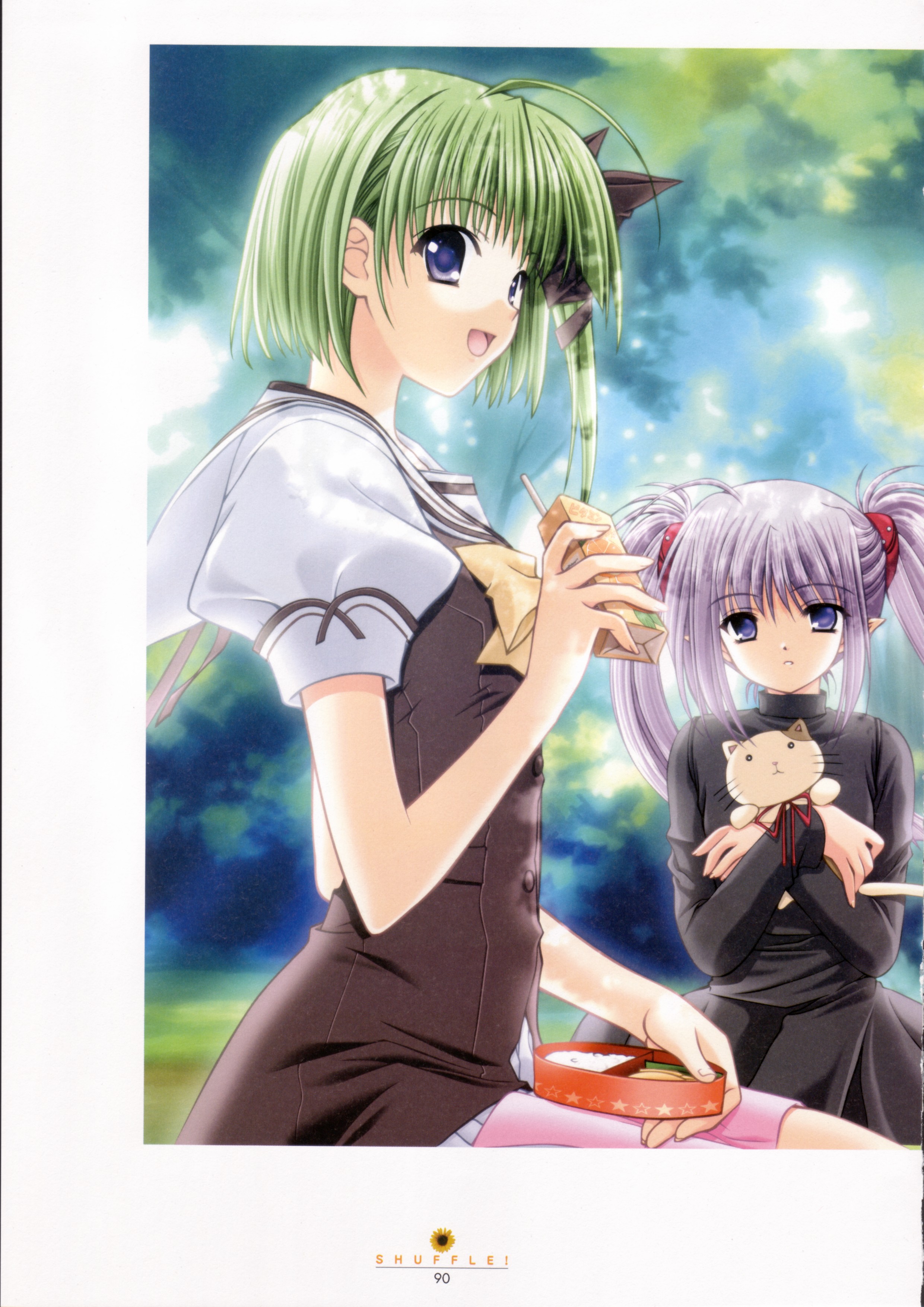 nishimata aoi, suzuhira hiro, primula, shigure asa, shuffle!, absurdres, highres, official art, 00s, 2girls, bento, dappled sunlight, day, green hair, juice box, long hair, multiple girls, outdoors, school uniform, serafuku, short hair, stuffed animal, stuffed cat, stuffed toy, sunlight, twintails