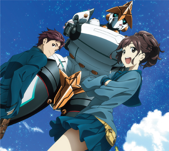 gunvarrel, senomiya akiho, yashio kaito, kidou battle gunvarrel, robotics;notes, science adventure, shiny eyes, official art, 1boy, 1girl, bare legs, blue jacket, blue serafuku, braid, brown eyes, brown hair, chuo tanegashima high winter school uniform, cloud, crossed arms, dutch angle, from below, half up braid, hands in pockets, high ponytail, jacket, long hair, looking at viewer, mecha, miniskirt, open mouth, phinx (robotics;notes), pleated skirt, ponytail, robot, school uniform, serafuku, short hair, sidelocks, skirt, sky, smile, tablet holster, thighs, tongue