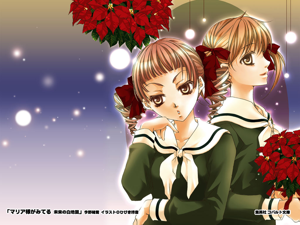 hibiki reine, fukuzawa yumi, matsudaira touko, maria-sama ga miteru, 00s, 2girls, drill hair, flower, multiple girls, poinsettia
