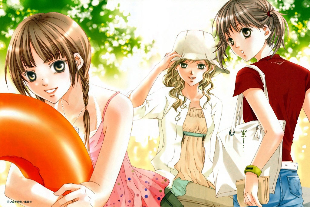hibiki reine, fukuzawa yumi, shimazu yoshino, toudou shimako, maria-sama ga miteru, official art, 00s, 3girls, bag, blonde hair, bracelet, braid, brown eyes, brown hair, camisole, casual, denim, hat, innertube, jeans, jewelry, lips, long hair, looking at viewer, looking back, multiple girls, outdoors, pants, pendant, shirt, smile, swim ring, t-shirt, twin braids, twintails, wavy hair, yellow eyes