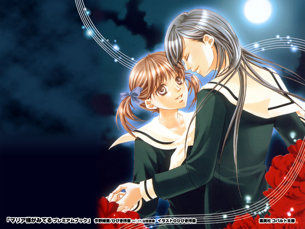 hibiki reine, fukuzawa yumi, ogasawara sachiko, maria-sama ga miteru, official art, 00s, 2girls, brown eyes, brown hair, closed eyes, copyright name, copyright notice, dancing, flower, long hair, moon, moonlight, multiple girls, musical note, musical staff, night, night sky, rose, school uniform, sky, twintails