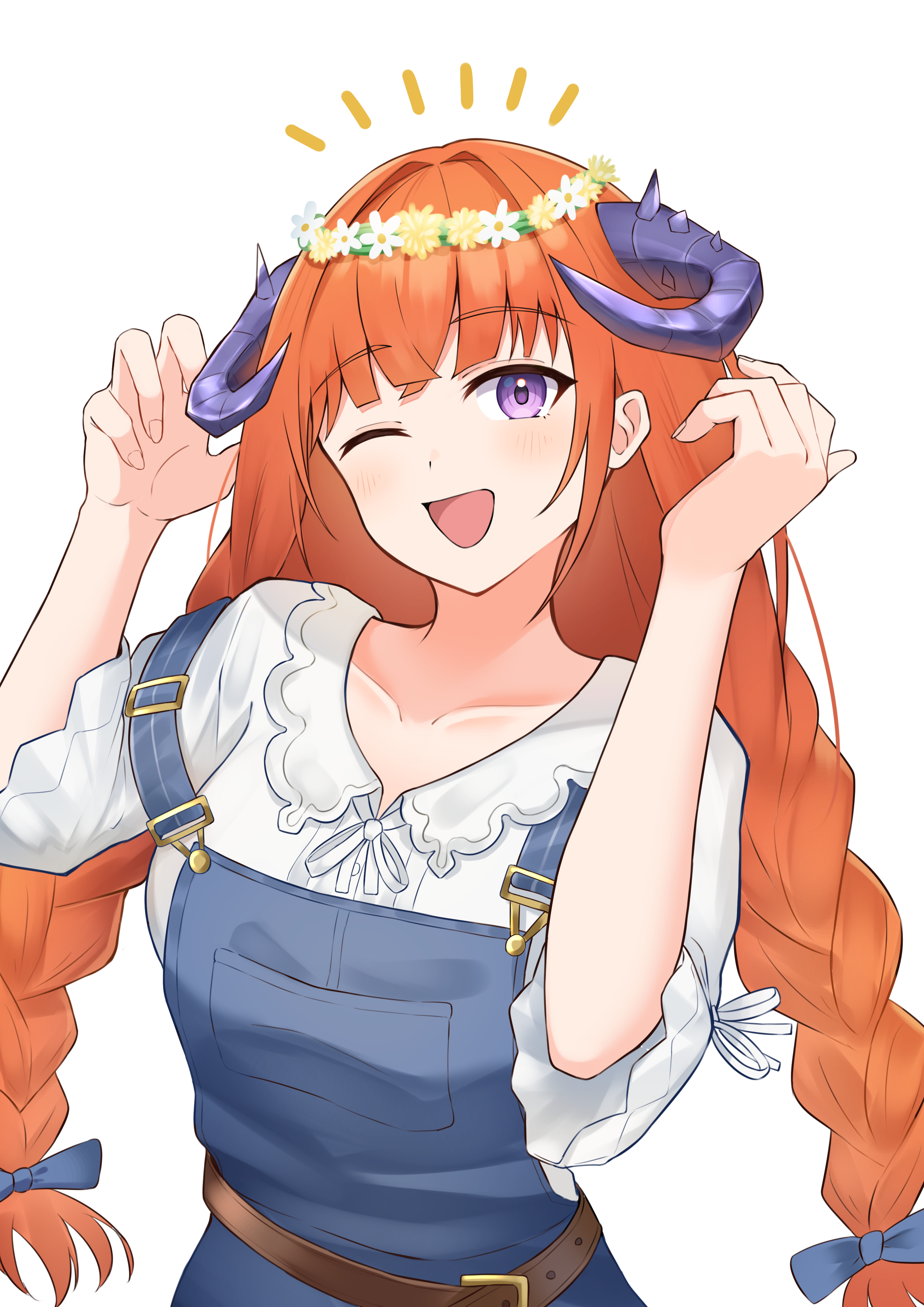 k@bu, bagpipe (arknights), bagpipe (echo of bagpipes) (arknights), arknights, absurdres, commentary, highres, 1girl, ;d, arm up, blue bow, blue dress, blush, bow, braid, collarbone, curled horns, dress, hair bow, head wreath, horns, long hair, looking at viewer, notice lines, official alternate costume, one eye closed, open mouth, orange hair, purple eyes, purple horns, shirt, short sleeves, simple background, smile, solo, twin braids, white background, white shirt