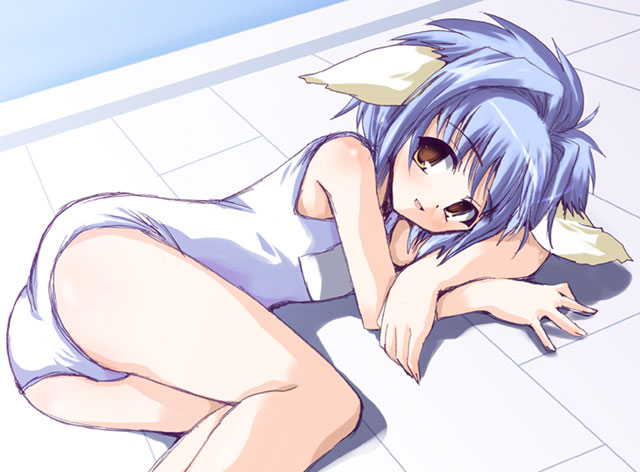 shinshin, mint blancmanche, broccoli (company), galaxy angel, 00s, 1girl, animal ears, blue hair, crossed arms, female focus, loli, looking at viewer, one-piece swimsuit, school swimsuit, short hair, simple background, smile, solo, swimsuit, white one-piece swimsuit, white school swimsuit, yellow eyes