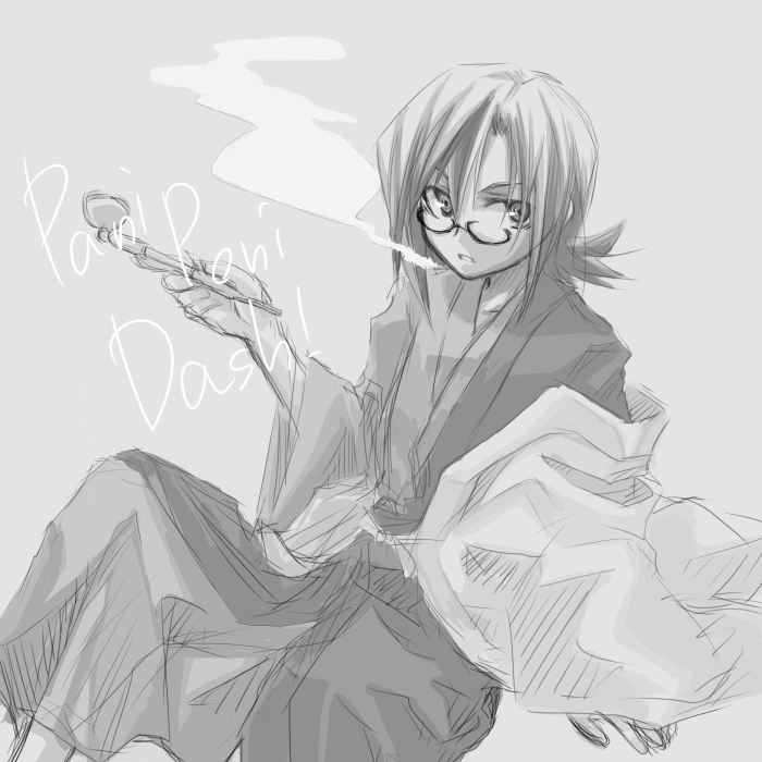 uehara miyako, pani poni dash!, 00s, copyright name, greyscale, holding, holding smoking pipe, japanese clothes, kiseru, monochrome, smoking, smoking pipe, solo