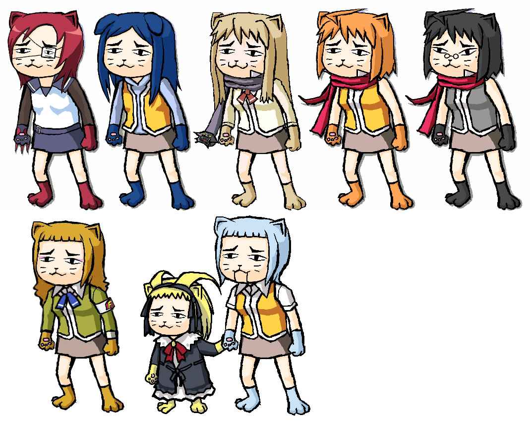 alyssa searrs, fujino shizuru, harada chie, kuga natsuki, miyu greer, nyainyai, suzushiro haruka, tokiha mai, yuuki nao, black cat (series), my-hime, 6+girls, animal ears, cat ears, multiple girls, parody, what