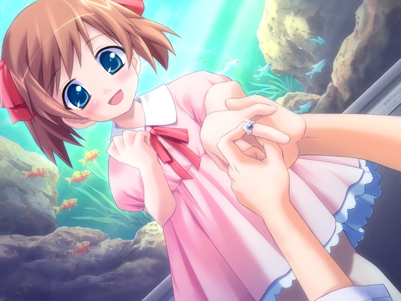 yuuki mitsuru, nakazato sakura, komorebi no namikimichi, game cg, 1girl, blue eyes, brown hair, child, dress, dutch angle, fish, jewelry, marriage proposal, pink dress, pov, putting on jewelry, ring, short hair, solo focus, wedding