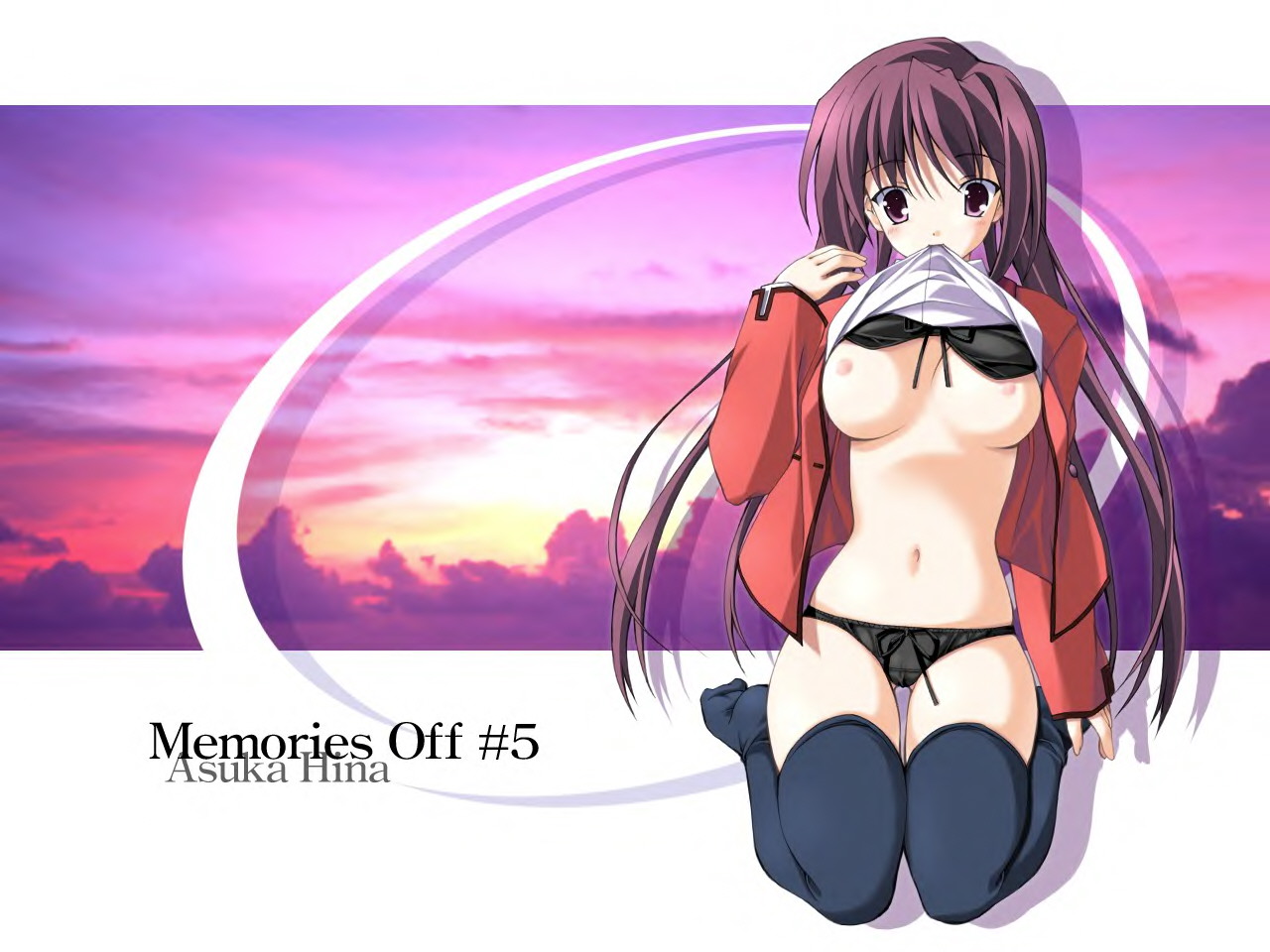 hina asuka, memories off, memories off#5, 1girl, black panties, black theme, black thighhighs, blazer, blouse, blush, bow, bow panties, bra, bra lift, breasts, brown eyes, brown hair, clothes lift, female focus, jacket, kneeling, lingerie, long hair, medium breasts, mouth hold, navel, nipples, no pants, open clothes, open shirt, panties, seiza, shirt, shirt lift, sitting, solo, sunset, thighhighs, underwear