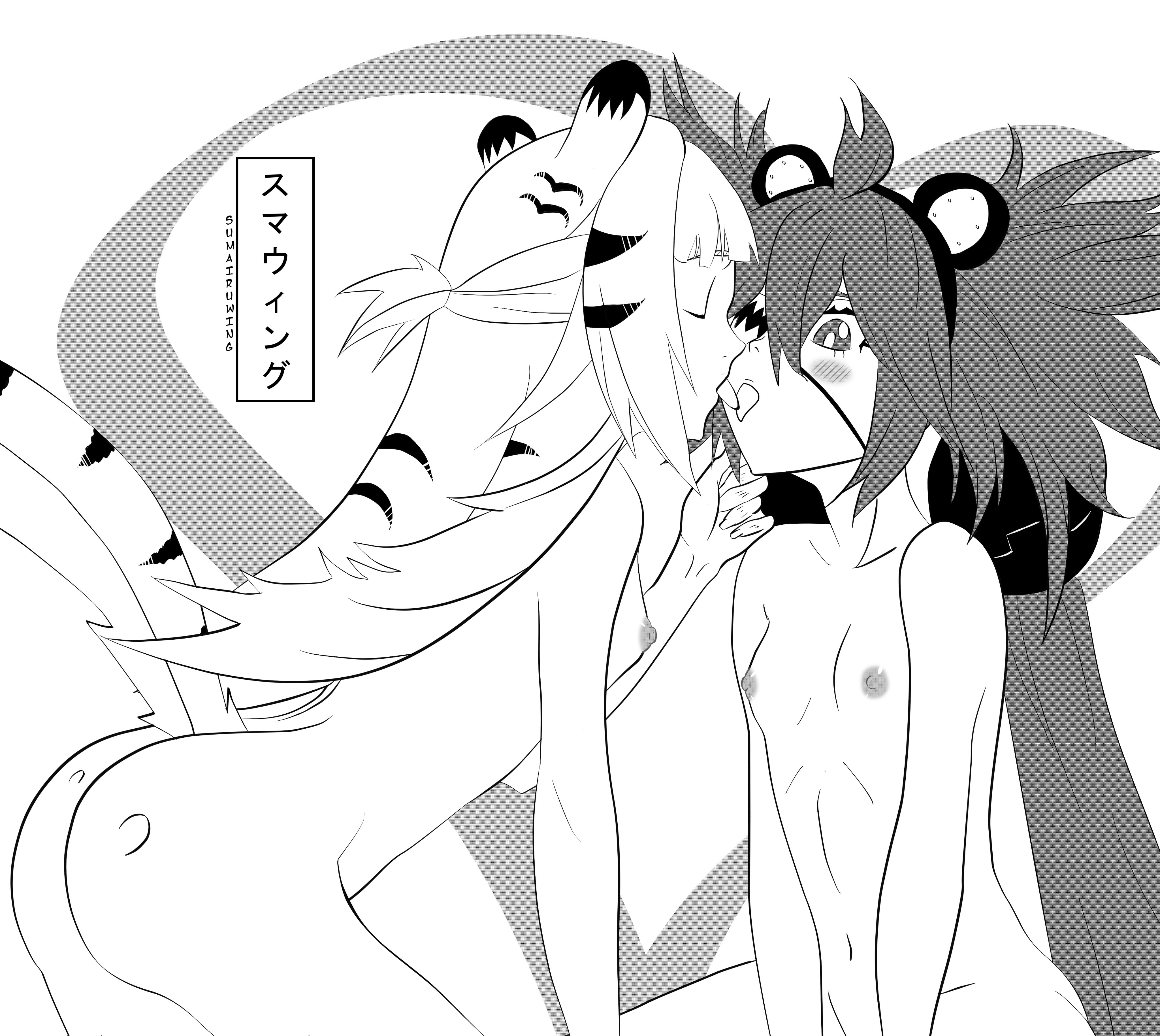 sumairuwing, ju fufu, koleda belobog, zenless zone zero, 2girls, animal ears, ass, blush, cat ears, cat tail, closed eyes, flat chest, hair ornament, holding chin, kiss, long hair, monochrome, multiple girls, simple background, striped hair, tail, tongue, tongue out, yuri