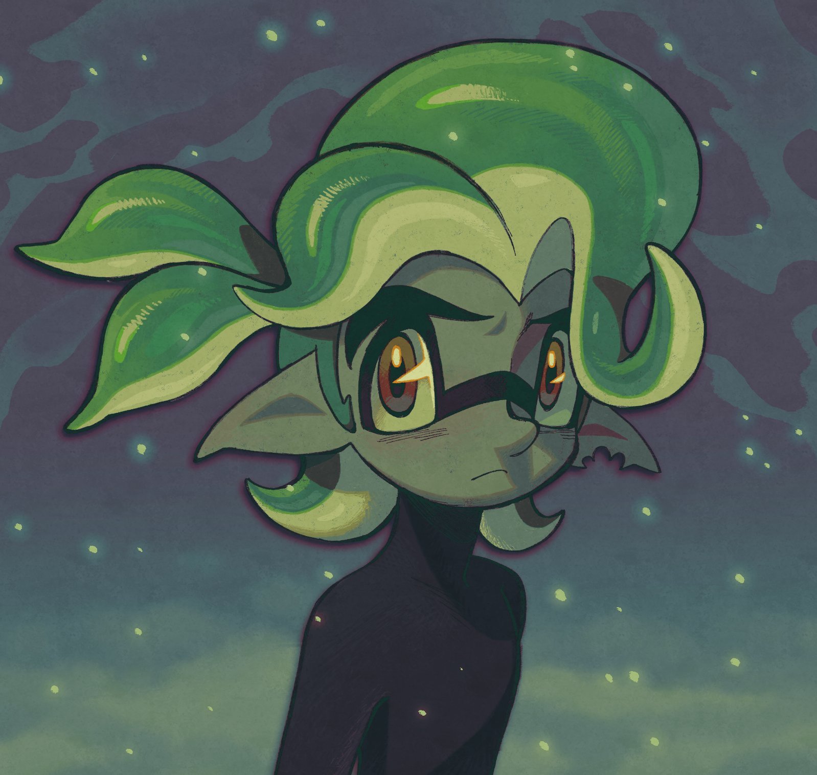 nintendo, splatoon (series), highres, closed mouth, frown, green hair, inkling, pointy ears, ponytail, roachgore, solo, tentacle hair, thick eyebrows, turtleneck, vonnie aurita