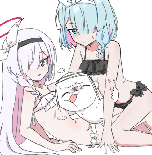 nyaru (nyaru 4126), arona (blue archive), doodle sensei (blue archive), plana (blue archive), sensei (blue archive), blue archive, lowres, 1boy, 2girls, bare arms, bare shoulders, bikini, black bikini, black hairband, blue eyes, blue hair, braid, closed eyes, closed mouth, frilled bikini, frills, grey eyes, grey hair, hair over shoulder, hair ribbon, hairband, halo, long hair, multicolored hair, multiple girls, navel, parted lips, pink hair, ribbon, simple background, single braid, swimsuit, tongue, tongue out, two-tone hair, very long hair, white background, white bikini, white hairband, white ribbon