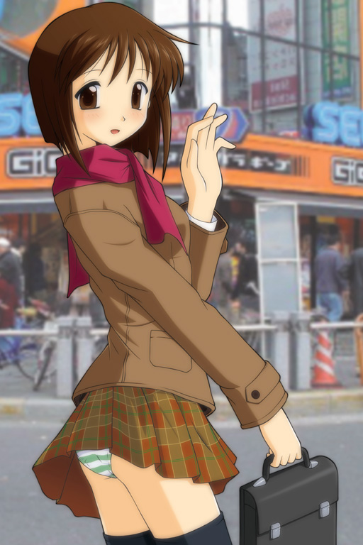 ebihara kyousuke, hagiwara yukiho, idolmaster, idolmaster (classic), idolmaster 1, 00s, 1girl, bag, black thighhighs, blush, brown eyes, brown hair, coat, female focus, green panties, miniskirt, panties, pantyshot, red scarf, scarf, school bag, short hair, skirt, solo, striped clothes, striped panties, thighhighs, underwear, upskirt