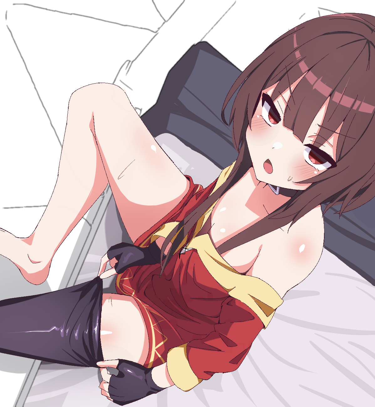 hatenamaru, megumin, kono subarashii sekai ni shukufuku wo!, 1girl, annoyed, bare shoulders, bed, black dress, black gloves, black thighhighs, blush, breasts, brown hair, dress, dressing, embarrassed, empty eyes, female focus, fingerless gloves, foot out of frame, from above, from side, gloves, long sleeves, looking at viewer, looking to the side, looking up, off-shoulder dress, off shoulder, on bed, open mouth, petite, pov, red dress, red eyes, short hair with long locks, sidelocks, single bare leg, sitting, small breasts, solo, spread legs, thighhighs, two-tone dress, yellow dress