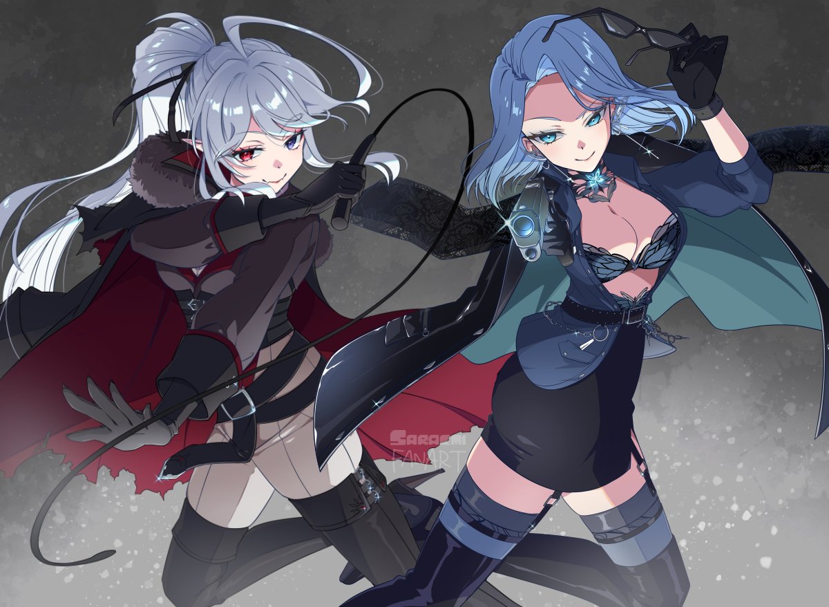 saraemiii en, general geega, general geega (inquisitor), monarch (amalee), monarch (mafia) (amalee), indie virtual youtuber, 2girls, ahoge, aiming, aiming at viewer, black boots, black corset, black gloves, black jacket, black skirt, blue bra, blue eyes, blue hair, blue shirt, boots, bra, breasts, coat, coat on shoulders, corset, fur trim, garter straps, gloves, grey background, grey hair, gun, heterochromia, high ponytail, holding, holding gun, holding removed eyewear, holding weapon, holding whip, jacket, long hair, multiple girls, official alternate costume, open clothes, open shirt, pants, pointy ears, ponytail, red eyes, shirt, skirt, torn clothes, torn coat, underlighting, underwear, unworn eyewear, virtual youtuber, weapon, white pants