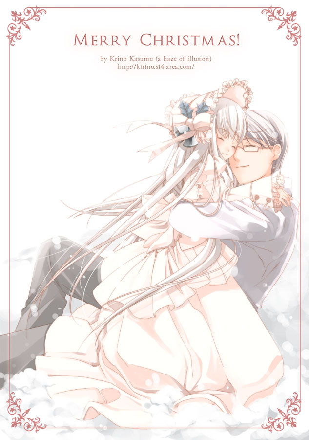 kirino kasumu, original, light, 1boy, 1girl, age difference, black hair, blonde hair, closed eyes, couple, dress, frills, glasses, goth fashion, gothic lolita, happy, hetero, hug, lolita fashion, long hair, puffy sleeves, reclining, ribbon, short hair, size difference, smile, very long hair