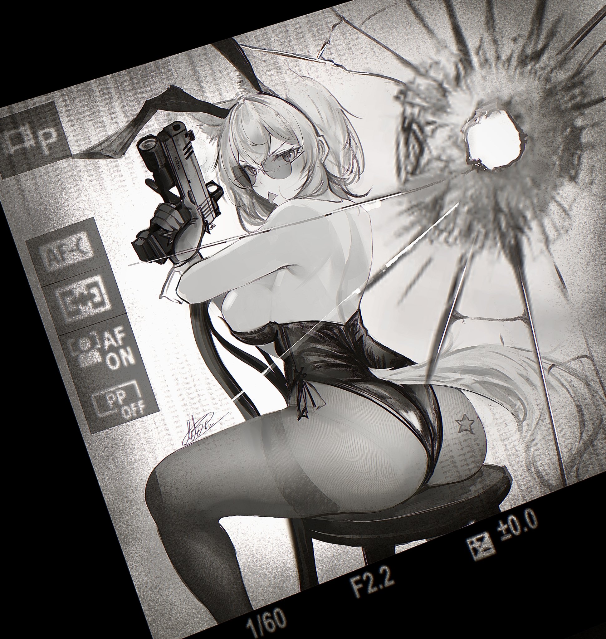 arktic, original, highres, 1girl, animal ears, ass, bare shoulders, breasts, bullet hole, bunny day, cat ears, cat girl, cat tail, chair, crack, cracked glass, emoji, greyscale, gun, handgun, holding, holding gun, holding weapon, leotard, looking at viewer, looking back, medium hair, monochrome, pantyhose, playboy bunny, sideboob, sitting, solo, star (symbol), sunglasses, tail, tongue, tongue out, trigger discipline, user interface, viewfinder, weapon