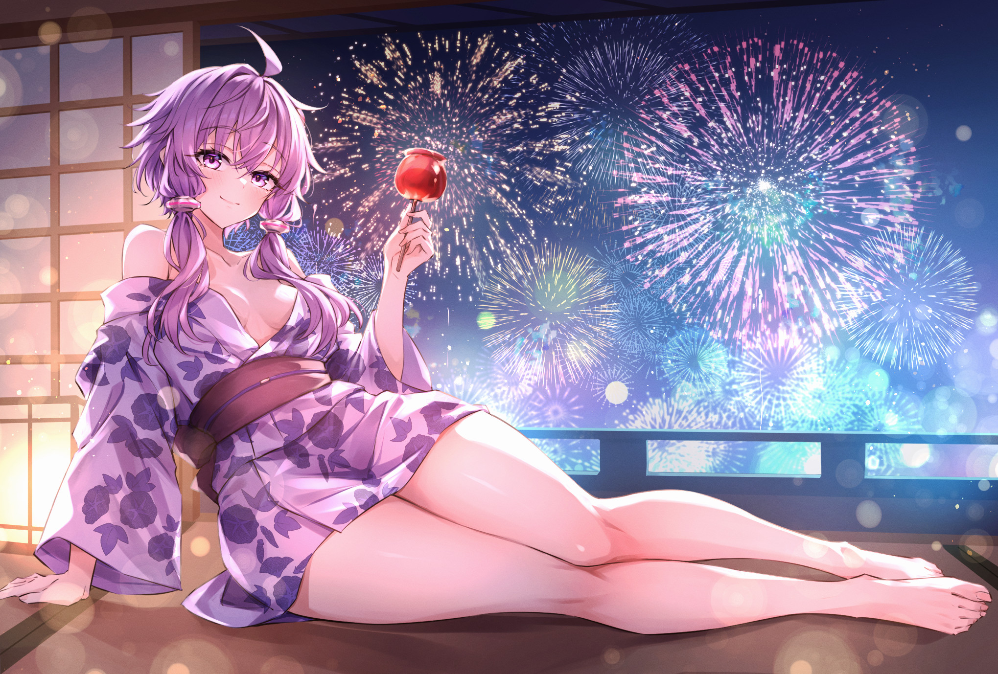 shiraiwa usagi, yuzuki yukari, voiceroid, highres, 1girl, aerial fireworks, ahoge, arm support, bare legs, bare shoulders, breasts, breasts apart, candy apple, closed mouth, fireworks, floral print, floral print kimono, food, hair tubes, holding, holding candy apple, holding food, japanese clothes, kimono, legs, light blush, long legs, long sidelocks, looking at viewer, night, night sky, obi, open clothes, open kimono, print kimono, purple eyes, purple hair, purple kimono, sash, short hair, shouji, sidelocks, sky, sliding doors, small breasts, smile, solo, summer festival, tatami, thighs, yukata
