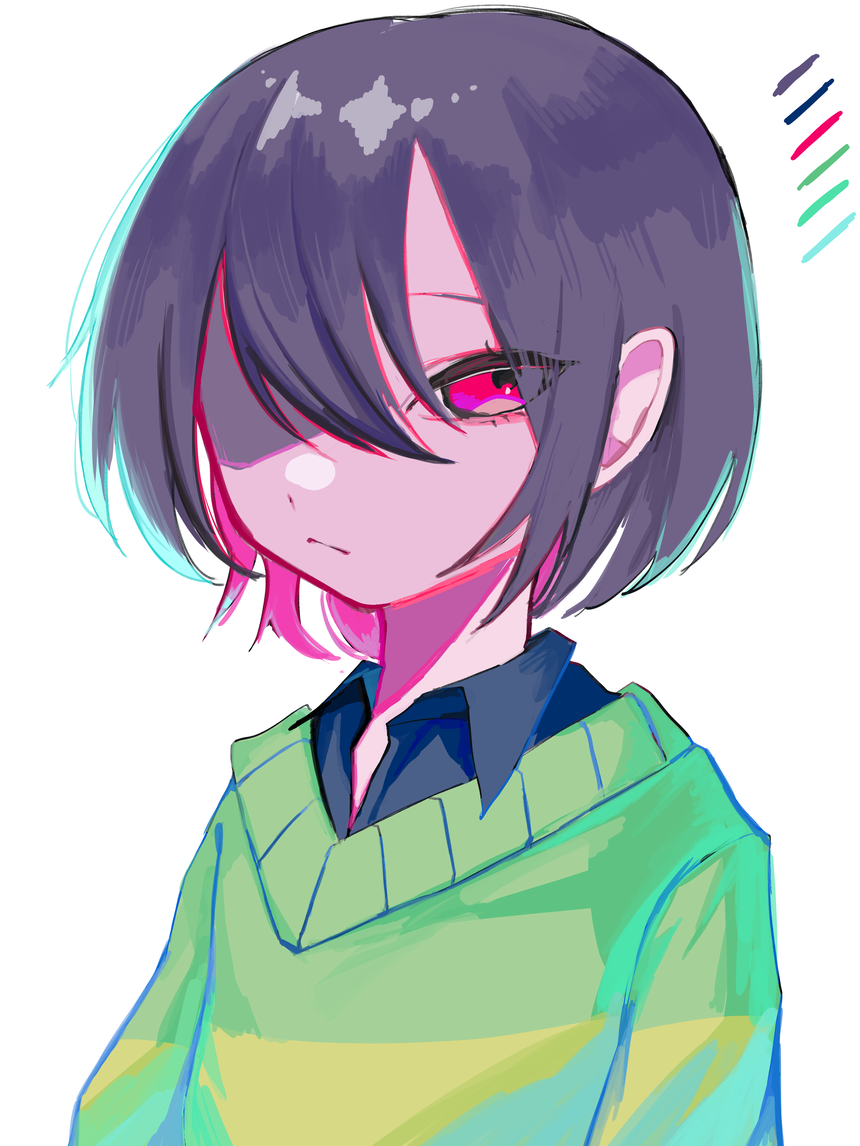 chara (undertale), undertale, utdr (toby fox), absurdres, commentary request, highres, 1other, black shirt, brown hair, closed mouth, collared shirt, color guide, colored inner hair, green sweater, hair over one eye, multicolored hair, raique, red eyes, red hair, shirt, short hair, single horizontal stripe, striped clothes, striped sweater, sweater, two-tone hair