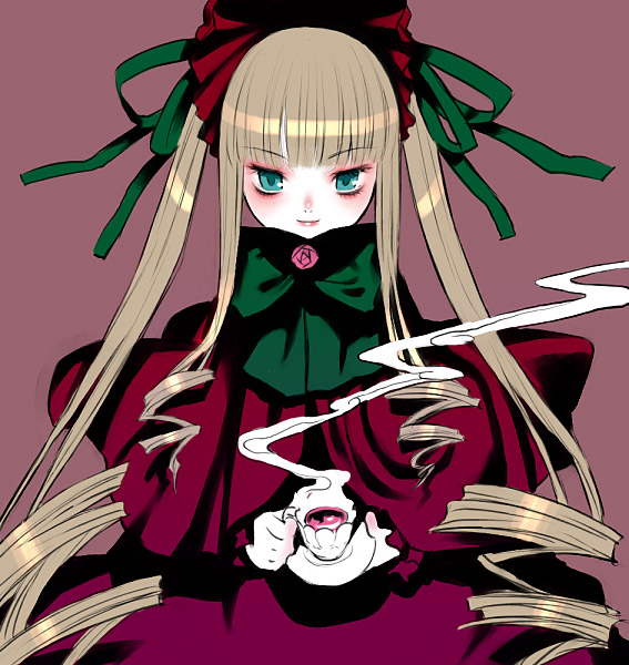 sakamoto mineji, shinku, rozen maiden, 00s, 1girl, aqua eyes, blonde hair, blunt bangs, blush, bow, capelet, cup, dress, drill hair, female focus, flower, green bow, lips, long hair, looking at viewer, pale skin, pink flower, pink rose, red background, red dress, rose, saucer, sidelocks, simple background, smile, solo, steam, tea, twin drills, twintails, very long hair