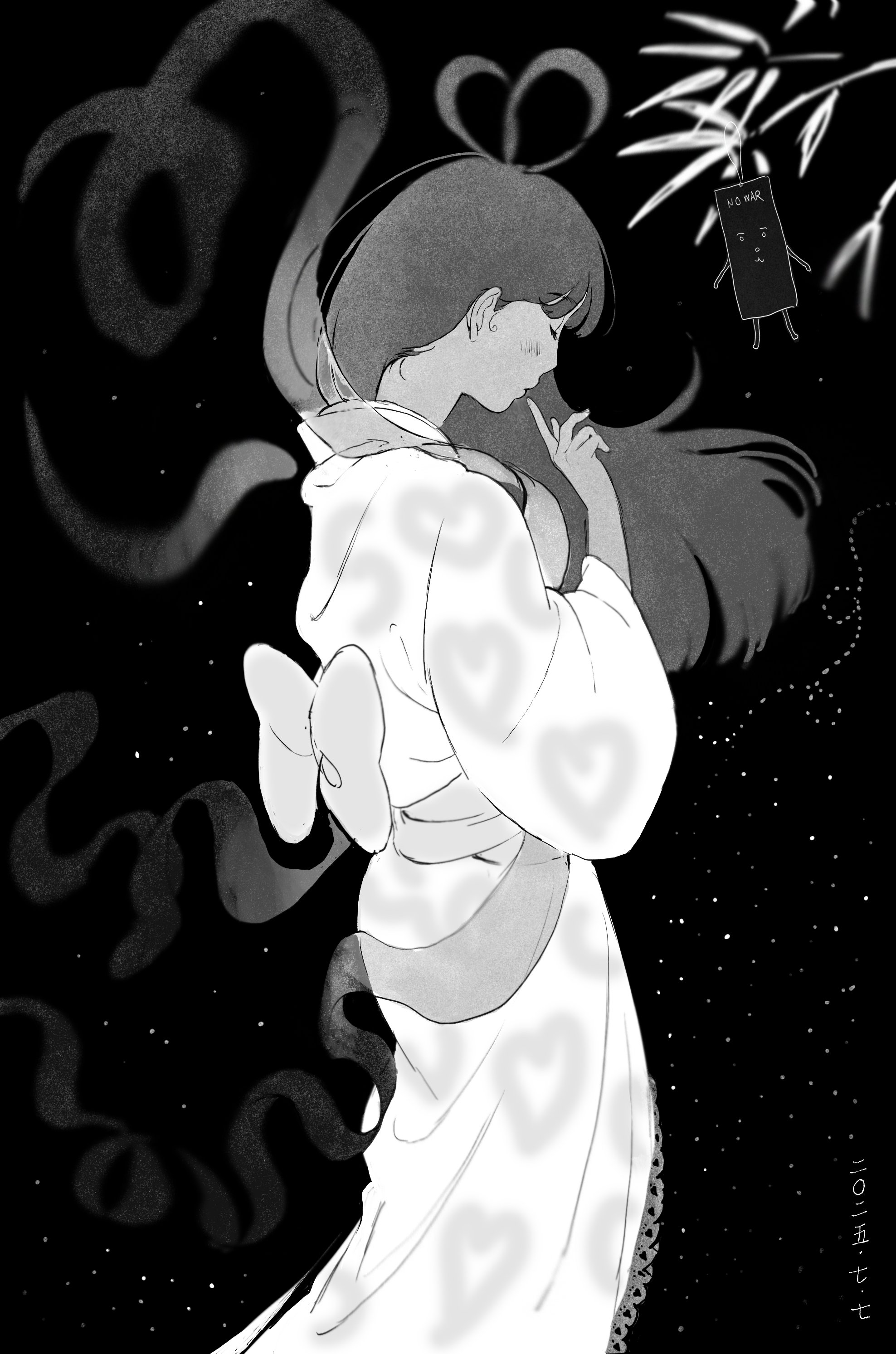 orihime (tanabata), japanese mythology, original, absurdres, highres, 1girl, bamboo, blunt bangs, blush, closed eyes, closed mouth, dated, feet out of frame, feixianji (hairstyle), finger to mouth, floating hair, from side, hagoromo, hair rings, hayashi kiu, heart, heart print, japanese clothes, kimono, lace, lace trim, light blush, long hair, long sleeves, monochrome, night, night sky, obi, obi bow, sash, shawl, sky, solo, star (sky), straight hair, tanabata, tanzaku, walking, wide sleeves