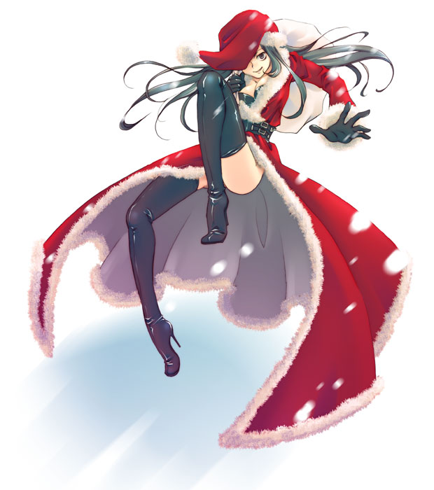torazou, original, 1girl, black boots, black gloves, black hair, black thighhighs, boots, christmas, convenient leg, female focus, gloves, hat, high heel boots, high heels, long hair, sack, santa costume, santa hat, solo, thigh boots, thighhighs