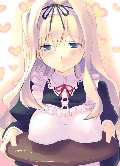 oka asaha, kusugawa sasara, to heart (series), to heart 2, 00s, 1girl, apron, black dress, blonde hair, blue eyes, blush, breast rest, breasts, carried breast rest, carrying, collar, covered erect nipples, dress, expressionless, female focus, hair between eyes, heart, heart background, holding, holding tray, large breasts, long sleeves, looking at viewer, maid headdress, red ribbon, ribbon, simple background, solo, tray, upper body, waitress