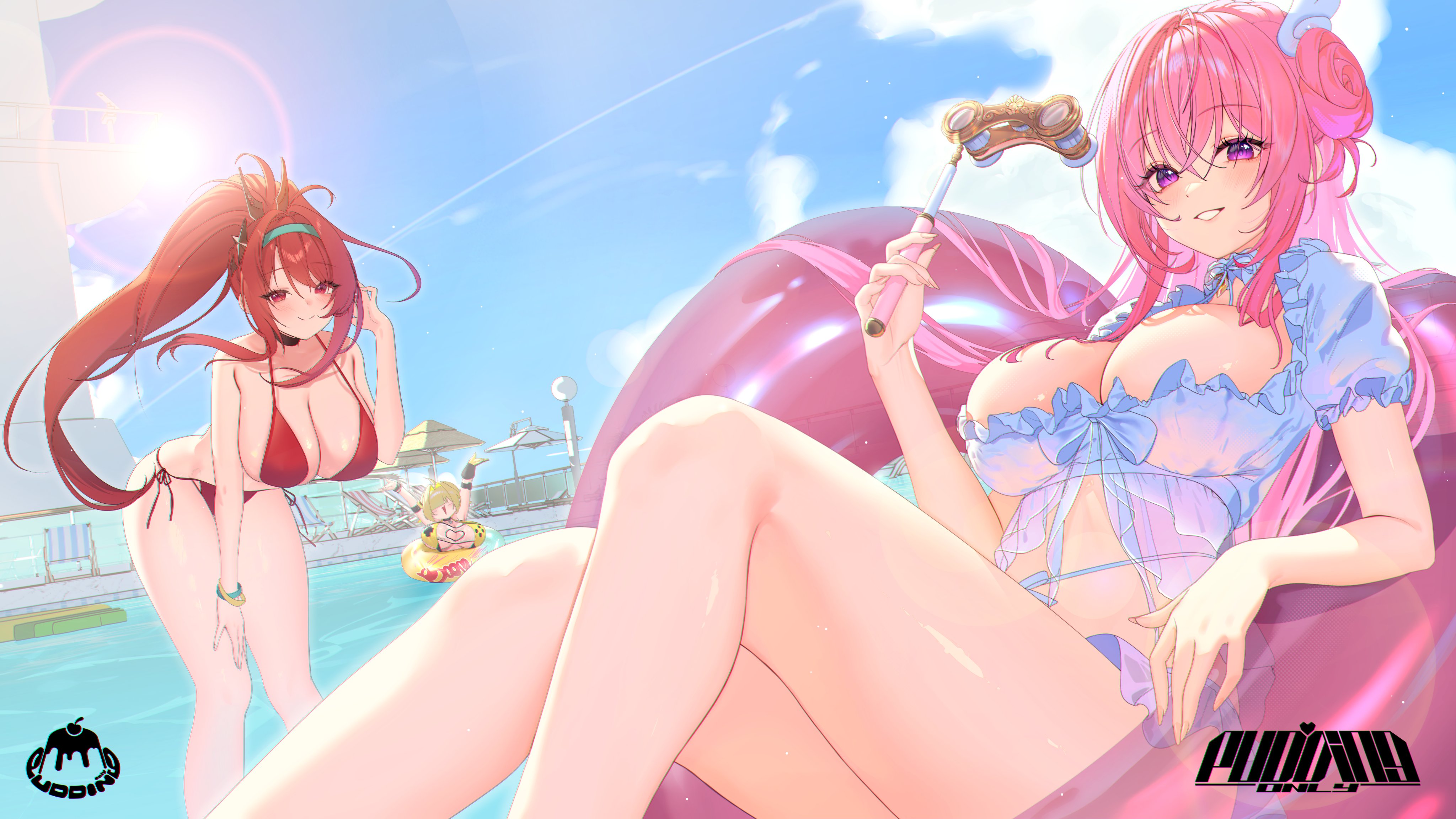 pudding only, dorothy (nikke), dorothy (serendipity) (nikke), elegg (boom and shock) (nikke), elegg (nikke), rapi (nikke), rapi (red hood) (nikke), rapi (red hood) (red flavor) (nikke), goddess of victory: nikke, absurdres, highres, 3girls, arms up, artist logo, artist name, bent over, bikini, black choker, blonde hair, blue sky, blush, bracelet, breasts, chair, choker, closed mouth, cloud, contrail, covered eyes, crossed bangs, day, feet out of frame, flower-shaped hair, frills, green hairband, grin, hair between eyes, hair ornament, hair over eyes, hairband, hand on own thigh, high ponytail, holding, innertube, jewelry, large breasts, legs, lens flare, logo, long hair, looking at viewer, lounge chair, multiple girls, official alternate costume, opera glasses, outdoors, pink hair, ponytail, pool, puffy short sleeves, puffy sleeves, purple eyes, red bikini, red eyes, red hair, short sleeves, side-tie bikini bottom, sitting, sky, smile, standing, string bikini, sun, swim ring, swimsuit, thighs, very long hair, water, wing hair ornament