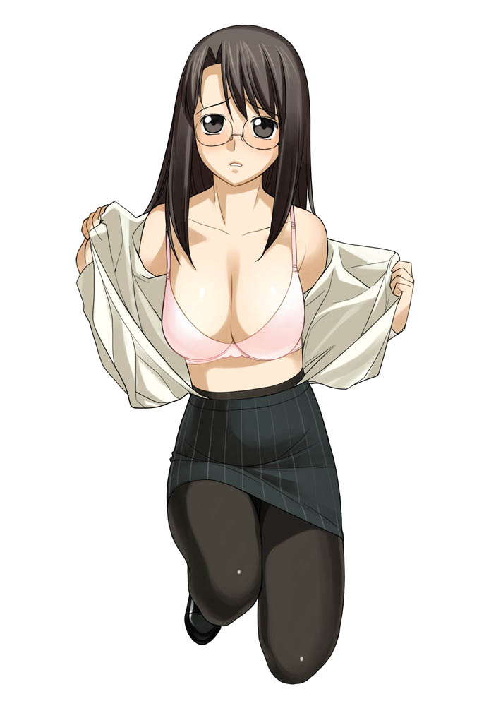 a1 (initial-g), original, 1girl, black eyes, black hair, black pantyhose, blush, bra, breasts, female focus, glasses, large breasts, lingerie, long hair, open clothes, open shirt, panties, panties under pantyhose, pantyhose, shirt, solo, underwear