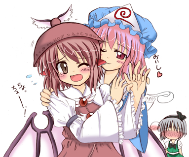makino (ukiuo), konpaku youmu, konpaku youmu (ghost), mystia lorelei, saigyouji yuyuko, touhou, biting ear, lowres, 3girls, bird, biting, chicken, embarrassed, female focus, food, hat, hitodama, multiple girls, triangular headpiece, yuri