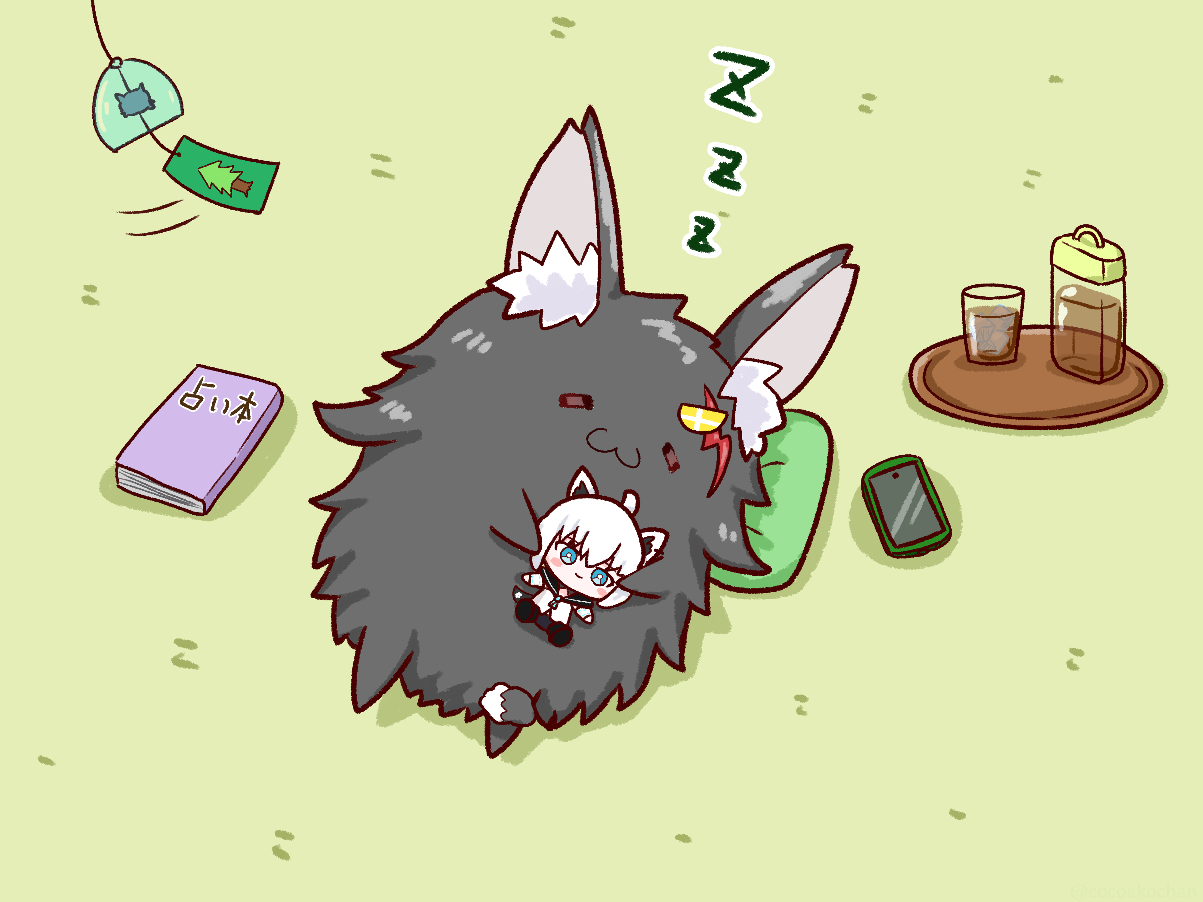 tsuyoshi (normal811), ookami mio, ookami mio (wolf), shirakami fubuki, shirakami fubuki (1st costume), hololive, absurdres, commentary, highres, translated, 1girl, :3, = =, animal ear fluff, animal ears, black fur, body fur, book, cellphone, character doll, chibi, chibi only, closed mouth, deformed, doll, facing viewer, from above, holding, holding stuffed toy, iced tea, large ears, lying, multicolored hair, on floor, on side, phone, pillow, sleeping, smartphone, solo, streaked hair, stuffed toy, tail, tatami, tea, virtual youtuber, wind chime, wolf ears, wolf girl, zzz