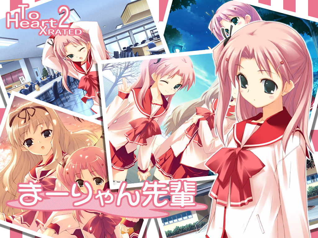 kusugawa sasara, maaryan (to heart), to heart (series), to heart 2, 00s, 2girls, blonde hair, blush, bow, canteen, collage, green eyes, hair ornament, hair ribbon, hairclip, holding hands, indoors, long hair, looking at viewer, multiple girls, night, one eye closed, open mouth, outdoors, petals, pink bow, pink hair, pleated skirt, ribbon, school, school uniform, serafuku, side ponytail, skirt, smile, thighhighs, very long hair, walking, wink, yawning, zettai ryouiki