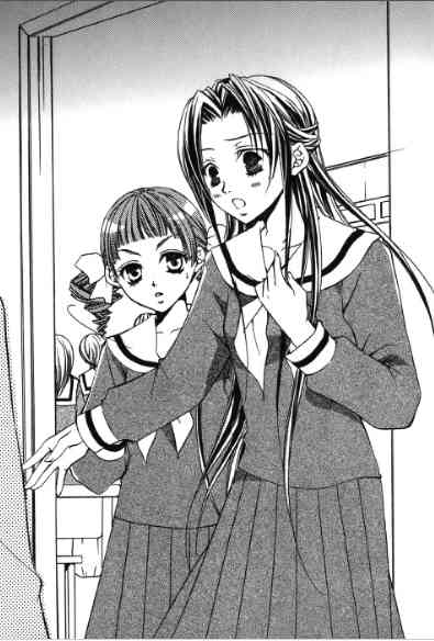 hibiki reine, hosokawa kanako, matsudaira touko, maria-sama ga miteru, official art, 00s, 2girls, black hair, blush, greyscale, hair ribbon, half updo, long hair, monochrome, multiple girls, pleated skirt, ribbon, school uniform, serafuku, skirt, twintails