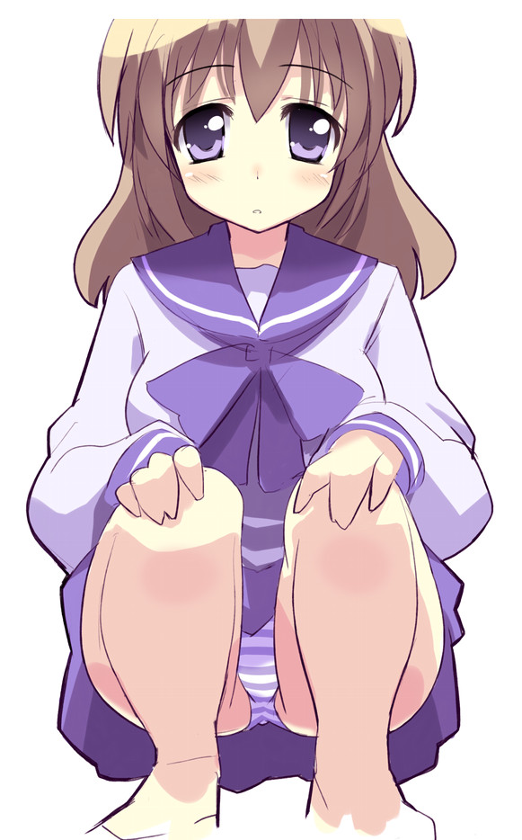 original, 1girl, blush, brown hair, female focus, long hair, miniskirt, panties, pantyshot, purple eyes, purple panties, purple theme, school uniform, serafuku, skirt, solo, squatting, striped clothes, striped panties, underwear, upskirt