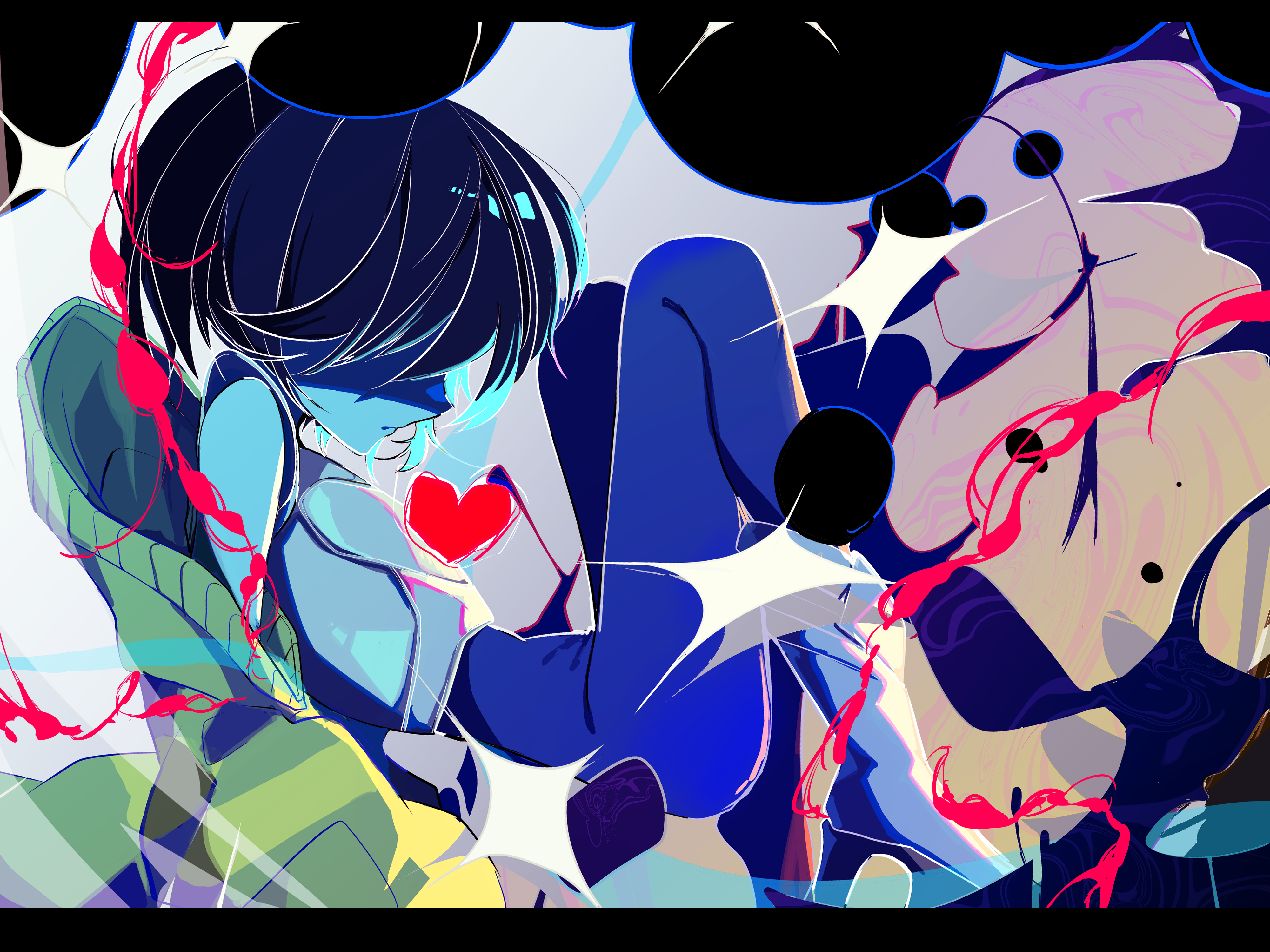 kris (deltarune), soul (deltarune), deltarune, utdr (toby fox), absurdres, commentary request, highres, 1other, armor, blue hair, blue skin, breastplate, colored skin, green sweater, hair over eyes, heart, other focus, raique, short hair, solo, sweater, unitard, unworn sweater