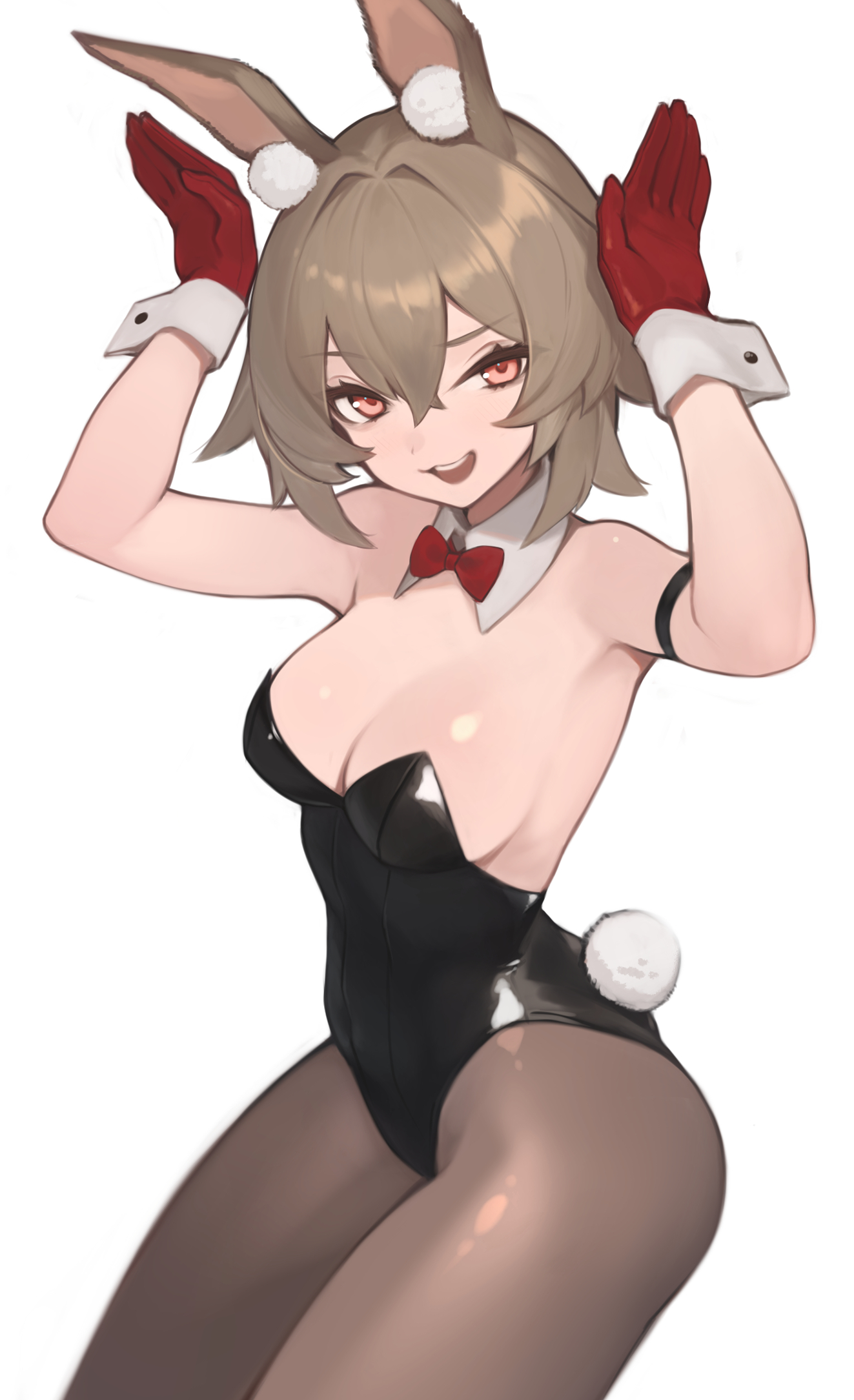 mari0ball, original, commentary request, highres, 1girl, animal ear fluff, black leotard, black pantyhose, breasts, brown hair, bunny day, cleavage, cowboy shot, fake tail, gloves, hair between eyes, leotard, looking at viewer, medium breasts, medium hair, open mouth, pantyhose, rabbit girl, rabbit pose, rabbit tail, red eyes, red gloves, simple background, smile, solo, tail, upper body, white background, white wrist cuffs, wrist cuffs