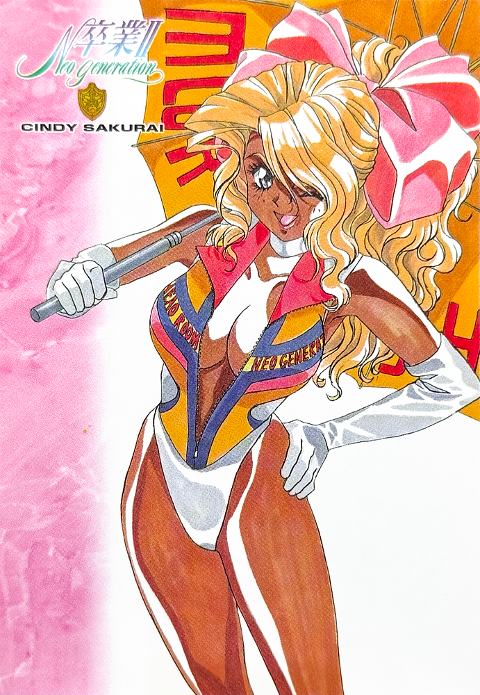takei masaki, cindy sakurai, graduation (series), marker (medium), non-web source, official art, scan, traditional media, 1990s (style), 1girl, blonde hair, blue eyes, bow, breasts, character name, choker, cleavage, copyright name, cowboy shot, elbow gloves, gloves, hair bow, high ponytail, holding, holding umbrella, large breasts, leotard, long hair, looking at viewer, one eye closed, open mouth, pink bow, ponytail, retro artstyle, solo, sotsugyou ii: neo generation, standing, umbrella, white choker, white gloves