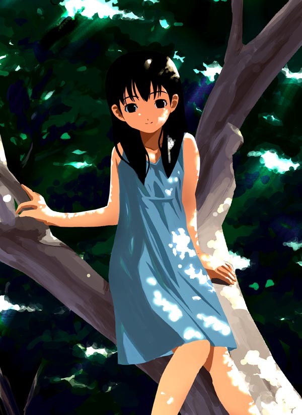 houmitsu, original, 1girl, black hair, dappled sunlight, dress, female focus, in tree, outdoors, sitting, sitting in tree, solo, sunlight, tree