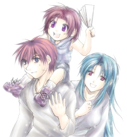 chidori kaname, sagara sousuke, full metal panic!, lowres, 00s, 1girl, 2boys, child, family, hand fan, harisen, if they mated, multiple boys